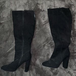 Black suede chunky heel boots